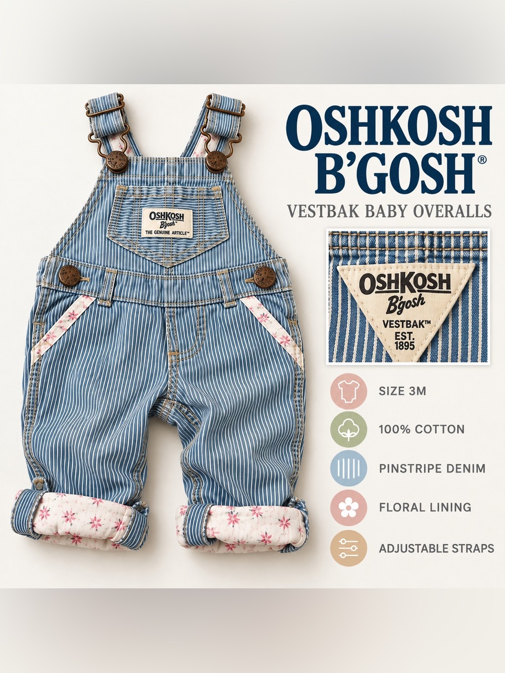 OshKosh B'gosh Light Blue Pinstripe Baby Overalls with Floral Trim